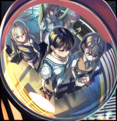 Rule 34 | 5girls, absurdres, bag, bang dream!, bang dream! it&#039;s mygo!!!!!, black hair, black neckerchief, black shirt, black socks, blue eyes, blue shirt, brown eyes, cellphone, chihaya anon, closed mouth, collarbone, commentary, diagonal-striped clothes, diagonal-striped necktie, doki (oox3o), dress, gift, green necktie, green skirt, green socks, grey bag, grey hair, hanasakigawa school uniform, haneoka school uniform, heterochromia, highres, holding, holding phone, kaname raana, kneehighs, long hair, mole, mole under eye, multiple girls, mygo!!!!! (bang dream!), nagasaki soyo, neckerchief, necktie, off shoulder, open mouth, phone, pink hair, pleated skirt, purple eyes, reflection, reflection focus, school bag, school uniform, shiina taki, shirt, short hair, short sleeves, shoulder bag, sidelocks, skirt, smartphone, socks, striped clothes, stuffed animal, stuffed panda, stuffed toy, takamatsu tomori, teeth, traffic mirror, tsukinomori school uniform, upper teeth only, walking, white dress, white hair, white shirt, white skirt, yellow eyes