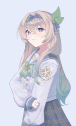 1girl blue_ribbon blue_sailor_collar blue_skirt bow bowtie buttons closed_mouth collared_shirt double-breasted firefly_(honkai:_star_rail) firefly_(spring_missive)_(honkai:_star_rail) gradient_eyes gradient_hair green_bow green_bowtie green_pupils grey_hair hair_between_eyes hair_intakes hair_ornament hair_ribbon hand_on_own_arm highres honkai:_star_rail honkai_(series) long_hair long_sleeves maruku1631618 multicolored_eyes multicolored_hair plaid_bow plaid_bowtie plaid_clothes pleated_skirt ribbon sailor_collar shirt skirt solo sweatdrop white_shirt white_sleeves