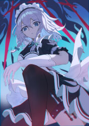 1girl absurdres belt black_shirt black_skirt black_thighhighs blue_eyes bow braid closed_mouth elbow_gloves frilled_skirt frills gloves grey_bow grey_hair hair_between_eyes hair_bow highres izayoi_sakuya knife leg_up light_frown maid_headdress medium_hair pleated_skirt puffy_short_sleeves puffy_sleeves shirt short_sleeves side_braid skirt solo tachyon663504 thigh_belt thigh_sheath thigh_strap thighhighs touhou white_gloves