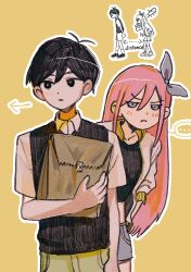 Rule 34 | ..., 1boy, 1girl, antenna hair, arrow (symbol), aubrey (faraway) (omori), aubrey (omori), bag, black eyes, black hair, black sweater vest, blue eyes, blue hairband, blue skirt, bright pupils, brown shorts, closed mouth, collared shirt, crop top, denim, denim skirt, hairband, highres, holding, holding bag, jacket, long hair, long sleeves, omori, paper bag, parted lips, pink hair, pout, shirt, short hair, short sleeves, shorts, simple background, skirt, speech bubble, spoken ellipsis, sunny (omori), sweater vest, wanosaku, white jacket, white pupils, white shirt, yellow background