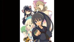 &gt;_&lt; 5girls absurdres animal_ears animal_hood apron arm_wrap bare_shoulders black_neckerchief black_serafuku black_shirt blonde_hair blunt_bangs breasts brown_gloves brown_hair cat_ears cat_hood cleavage cleavage_cutout clenched_hand closed_eyes clothing_cutout curly_hair dark-skinned_female dark_skin dress eyepatch fingerless_gloves game_cg garter_straps gloves green_dress green_eyes green_hair green_hat hair_ornament hair_ribbon hair_tie hairclip haruka_(senran_kagura) hat highres hikage_(senran_kagura) holding homura_(senran_kagura) hood large_breasts light_blush long_hair looking_at_viewer medium_hair mirai_(senran_kagura) multiple_girls neckerchief non-web_source official_art one_eye_closed open_mouth orange_shirt ouroboros panties pillarboxed pink_ribbon pink_shirt ponytail puffy_sleeves ribbon school_uniform senran_kagura senran_kagura_burst serafuku shirt short_hair slit_pupils smile snake_hair_ornament strapless swept_bangs tan tattoo tongue tongue_out tube_top underwear white_apron white_background white_panties yaegashi_nan yellow_eyes yomi_(senran_kagura)