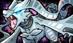 blue_eyes blue_sclera claws colored_sclera commentary_request dragon fangs gen_5_pokemon highres legendary_pokemon meruru_gu nintendo no_humans open_mouth pokemon pokemon_(creature) reshiram solo wings