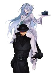 1girl air_zizon belt black_belt black_coat black_gloves black_hairband black_hat black_necktie black_shirt blue_eyes blue_hair cake cake_slice closed_mouth clothing_cutout coat collared_shirt colored_skin crown dress eunoia_(frozen_soul) fedora food frozen_soul gloves grin hairband hand_up hat highres holding holding_tray long_hair looking_at_viewer mafioso_(frozen_soul) necktie roblox shirt shoulder_cutout side_slit sitting_on_shoulder smile smoking_pipe solo tray very_long_hair white_dress white_skin yellow_skin