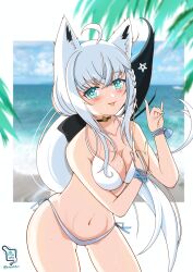 1girl absurdres ahoge alternate_costume animal_ear_fluff animal_ears aqua_eyes aqua_nails bare_shoulders beach bikini blush braid breasts cleavage collarbone fox_ears fox_girl fox_shadow_puppet fox_tail hair_between_eyes highres higyohigyo hololive large_breasts looking_at_viewer navel open_mouth pentagram ribbon shirakami_fubuki side-tie_bikini_bottom side_braid smile solo stomach swimsuit tail tongue tongue_out virtual_youtuber white_bikini wrist_ribbon