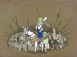 6+girls absurdres ahoge animal animal_ears armor arrow_(projectile) banner bare_shoulders black_hair black_shoes black_skirt blue_hair blue_skirt bow_(weapon) closed_mouth collared_shirt detached_sleeves dot_nose flag frog_hair_ornament gohei green_eyes green_hair green_hat gun hair_ornament hair_tubes hammer hat highres holding holding_gohei holding_gun holding_hammer holding_polearm holding_shield holding_sword holding_weapon horse inubashiri_momiji juumonji_yari kappa_mob_(touhou) katakama_yari kawashiro_nitori kochiya_sanae loafers long_hair long_sleeves looking_at_viewer mask mount_&amp;_blade multiple_girls musket parody polearm quiver saddle sandals sashimono shameimaru_aya shield shirt shoes single_hair_tube single_sidelock skirt skirt_set sleeveless sleeveless_shirt snake_hair_ornament spear stirrups_(riding) super3tn sword tengu_mask touhou weapon white_hair wide_sleeves wolf_ears yari