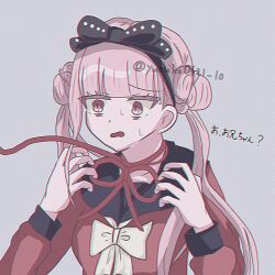 1girl black_bow black_hairband black_headband bow female_focus grey_background hair_bow hairband headband japanese_text matching_hair/eyes neck_ribbon open_mouth pink_eyes pink_hair red_bow red_ribbon ribbon simple_background solo solo_focus the_hundred_line_-last_defense_academy- tsukumo_kako twintails white_bow