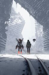 1girl abandoned absurdres asteroid_ill backpack bag black_pants building city day gen_2_pokemon gen_8_pokemon hanging_plant hat highres insect_wings jacket leaning looking_ahead moss nintendo orange_jacket orbeetle outdoors overgrown pants pokemon post-apocalypse railroad_tracks road rubble ruins scizor shadow shoes sky snow street sunlight walking wings