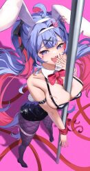 1girl absurdres animal_ear_hairband animal_ears arm_belt bare_shoulders between_breasts bite_mark bite_mark_on_breast black_leotard black_shoes blue_eyes blue_hair bow bowtie breasts colored_inner_hair commentary_request detached_collar fake_animal_ears hair_ornament hairband hatsune_miku highres large_breasts leotard long_hair looking_at_viewer monmo_mu multicolored_hair open_mouth pink_nails pink_pupils playboy_bunny pole rabbit_ears rabbit_hole_(vocaloid) red_bow red_bowtie red_hair shoes solo standing stripper_pole teardrop_facial_mark twintails vocaloid x_hair_ornament