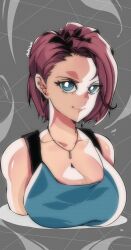 1girl absurdres blue_eyes blue_shirt breasts brown_hair cleavage grey_background highres jewelry jill_valentine kinakomochi_(user_vedc2333) necklace resident_evil resident_evil_3:_nemesis resident_evil_3_(remake) shirt short_hair smile