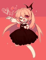 1girl animated animated_gif black_dress demon_girl dress funamusea haiiro_teien lowres one_eye_closed pink_background pink_eyes pink_hair ponytail rawberry_preserves solo