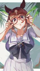 1girl :q absurdres adjusting_eyewear animal_ears blush bow bowtie breasts brown_hair closed_mouth commentary_request ear_ribbon glasses hands_up highres horse_ears horse_girl large_breasts letterboxed marbow_tomato medium_hair partial_commentary pleated_skirt puffy_short_sleeves puffy_sleeves purple_bow purple_bowtie purple_shirt red-framed_eyewear red_eyes red_ribbon ribbon sailor_collar school_uniform shirt short_sleeves skirt smile solo tongue tongue_out tracen_school_uniform transcend_(umamusume) twitter_username umamusume white_sailor_collar white_skirt
