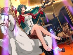 astra_yao bangboo_(zenless_zone_zero) black_hair black_shoes blunt_sidelocks breasts carousel cleavage dress earrings floating_hair full_body hairband harukimatsui_25 high_heels holding holding_microphone_stand jacket jewelry large_breasts long_hair microphone_stand necklace pearl_necklace red_eyes red_jacket red_shrug shoes sidelocks sitting smile thigh_beads white_dress white_hairband white_horse zenless_zone_zero