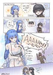 Rule 34 | 1boy, 1girl, absurdres, ahoge, akio ocart, blue eyes, blue hair, blunt bangs, bra, commander (nikke), covered collarbone, covered groin, dress, english text, goddess of victory: nikke, hair intakes, hair ornament, highres, long sleeves, military uniform, one side up, open mouth, original, panties, speech bubble, sweat, underbust, underwear, undressing, wet, wet clothes, white dress