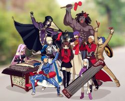 4boys 6+girls ahoge anger_vein archer_(fate) armor armored_dress artoria_pendragon_(fate) bare_shoulders black_gloves black_hair black_legwear black_skirt blindfold blonde_hair blue_bodysuit blue_hair blurry bodysuit boots bow bracer cape child cloak coat collar commentary_request covering_own_ears cu_chulainn_(fate) cu_chulainn_(fate/stay_night) dark-skinned_male dark_skin depth_of_field detached_sleeves dizi dress drum erhu faceless facial_mark fate/stay_night fate_(series) flute forehead_mark gauntlets gloves hair_bow hair_bun hair_ribbon hat heracles_(fate) homurabara_academy_school_uniform hood hooded_cloak instrument long_hair long_skirt long_sleeves matou_sakura matou_shinji medea_(caster)_(fate) medea_(fate) medusa_(fate) medusa_(rider)_(fate) meme motion_lines multiple_boys multiple_girls music open_mouth parody pauldrons pink_boots pink_hair pipa_(instrument) playing_instrument ponytail purple_hair purple_ribbon red_bow red_coat ribbon saber_(fate) school_uniform short_hair shoulder_armor single_hair_bun sitting skirt strapless strapless_dress suona tagme thighhighs tohsaka_rin transverse_flute trench_coat trumpet trumpet_boy_(meme) twintails two_side_up white_hair white_skirt yaoshi_jun zettai_ryouiki