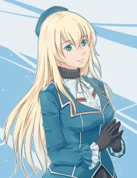 10s 1girl atago_(kancolle) beret black_gloves blonde_hair breasts female_focus gloves green_eyes hat kantai_collection large_breasts long_hair looking_at_viewer marika military military_uniform smile solo
