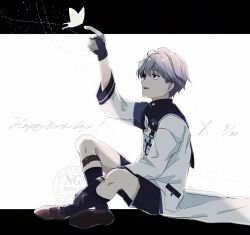Rule 34 | 1boy, black shorts, black socks, blue eyes, brown shoes, bug, butterfly, butterfly on hand, character name, coat, crossed legs, full body, gloves, grey gloves, grey hair, hand up, happy, highres, id card, insect, legwear garter, letterboxed, looking at animal, male focus, ohuman, on ground, open mouth, outside border, profile, reverse:1999, shoes, short hair, shorts, single legwear garter, sitting, smile, socks, solo, watermark, white background, white coat, x (reverse:1999)