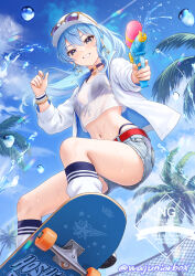 Rule 34 | 1girl, absurdres, alternate costume, baseball cap, bikini, bikini under clothes, bikini under shorts, black bikini, blue eyes, blue hair, blue shorts, blue sky, bracelet, chain-link fence, cloud, commentary request, cropped shirt, day, denim, denim shorts, double-parted bangs, fence, grin, hair between eyes, hat, highleg, highleg bikini, highres, holding, holding water gun, hololive, hoshimachi suisei, jacket, jewelry, leg warmers, long hair, looking at viewer, midriff, nail polish, navel, open clothes, open jacket, outdoors, palm tree, ponytail, see-through clothes, see-through shirt, shirt, short shorts, shorts, skateboard, skateboarding, sky, smile, solo, star (symbol), star in eye, sunglasses, swimsuit, symbol in eye, tree, virtual youtuber, wajuniorbox, water gun, white hat, white jacket, white leg warmers, white shirt