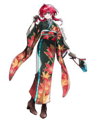 1girl ange_katrina ange_katrina_(new_year) aqua_bag bag black_gloves black_hair black_kimono black_sash blue_eyes boots braid brown_boots closed_mouth crossed_bangs flat_chest floating_hair floral_print floral_print_kimono full_body furisode gloves gradient_clothes gradient_kimono hair_between_eyes hair_intakes hand_up handbag hashtag-only_commentary high_heel_boots high_heels highres holding holding_bag holding_own_hair japanese_clothes kimono lace lace_gloves long_hair long_sleeves looking_at_viewer low_twin_braids mochizuki_(kb44612) multicolored_eyes multicolored_hair multicolored_sash nijisanji obi obiage obidome obijime orange_kimono orange_sash print_kimono purple_eyes red_hair red_sash sash simple_background smile solo standing streaked_hair tassel twin_braids twitter_username two-tone_eyes two-tone_hair virtual_youtuber white_background