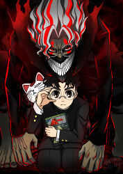 Rule 34 | 2boys, adjusting eyewear, alternate form, barefoot, black hair, black jacket, book, brown eyes, cat, colored skin, cowboy shot, dandadan, dual persona, facial mark, gakuran, glasses, grey skin, highres, holding, holding book, jacket, long sleeves, looking at viewer, male focus, mask, mouth mask, multicolored hair, multiple boys, red eyes, red hair, round eyewear, school uniform, serious, straight-on, takakura ken (dandadan), takakura ken (transformed) (dandadan), transformation, turbo granny (dandandan), two-tone hair, white hair, yuuri (fukuroudou)