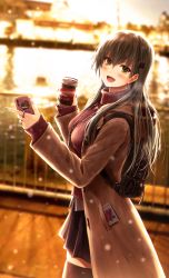 1girl :d alternate_costume black_bag black_skirt brown_jacket cellphone commentary cup disposable_coffee_cup disposable_cup earrings female_focus from_side green_eyes green_hair hair_ornament hairclip highres holding holding_cup holding_phone hood hooded_jacket jacket jewelry kantai_collection kumano_(kancolle) long_hair looking_at_viewer necklace night open_mouth phone pleated_skirt purple_sweater ribbed_sweater ring riyo_(lyomsnpmp)_(style) skirt smartphone smile solo sticker suien suzuya_(kancolle) sweater turtleneck turtleneck_sweater