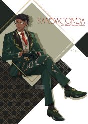 1boy black_gloves black_hair black_socks buttons character_name closed_mouth collared_shirt commentary_request crossed_legs dark-skinned_male dark_skin earrings gen_8_pokemon gloves green_jacket green_pants green_shoes grey_vest highres invisible_chair jacket jewelry looking_at_viewer male_focus moge-hera necktie nintendo open_clothes open_jacket own_hands_together pants pokemon pokemon_swsh raihan_(pokemon) red_necktie sandaconda shirt shoes short_hair sitting smile socks solo undercut vest white_shirt