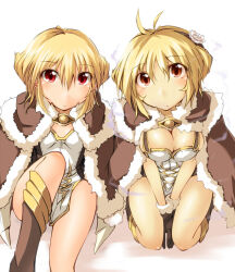 Rule 34 | 2girls, antenna hair, between legs, blush, boots, breasts, breasts squeezed together, brown boots, brown cape, brown dress, brown eyes, brown gloves, cape, cleavage, closed mouth, commentary request, double bun, dress, expressionless, feet out of frame, flat chest, flower, full body, fur-trimmed cape, fur-trimmed gloves, fur trim, gloves, hair bun, hair flower, hair ornament, hand between legs, high wizard (ragnarok online), kaminagi (kaminagi-tei), kathryne keyron, large breasts, layered dress, look-alike, looking at viewer, multiple girls, pointy ears, ragnarok online, red eyes, rose, seiza, short dress, short hair, simple background, sitting, two-tone dress, white background, white dress, white flower, white rose