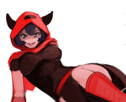 Rule 34 | 1girl, belt, black dress, boots, breasts, capelet, courtney (pokemon), dress, female focus, grin, hair between eyes, hood, hood up, horns, large breasts, leaning back, lips, lipstick, looking at viewer, makeup, nintendo, pokemon, pokemon rse, purple eyes, purple hair, red belt, red boots, red lips, short hair, short sleeves, side slit, simple background, smile, solo, taut clothes, taut dress, team magma, white background, wizard898