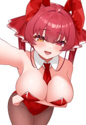 1girl :d absurdres arm_under_breasts arm_up breasts brown_pantyhose detached_collar heterochromia highres hololive houshou_marine large_breasts leotard looking_at_viewer necktie open_mouth outstretched_arm pantyhose playboy_bunny red_eyes red_hair red_leotard red_necktie short_necktie simple_background smile solo twintails virtual_youtuber white_background yellow_eyes zakitaku8311