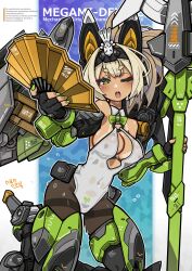 1girl armored_boots black_pantyhose blonde_hair boots breasts fingerless_gloves gloves green_eyes hand_fan high_ponytail highres holding holding_weapon leotard looking_at_viewer mecha_musume mechanical_ears medium_breasts medium_hair megami_device nancou_(nankou) o-ring_leotard pantyhose ponytail solo standing tan tanline weapon white_leotard