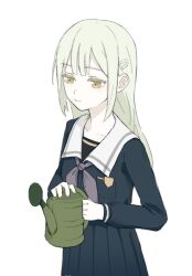 1girl bang_dream! bang_dream!_it&#039;s_mygo!!!!! blue_shirt blue_skirt blush closed_mouth collarbone comfort_zoner commentary green_hair grey_neckerchief hair_ornament hairclip holding holding_watering_can long_hair long_sleeves neckerchief pleated_skirt sailor_collar school_uniform shirt simple_background skirt solo symbol-only_commentary tsukinomori_school_uniform wakaba_mutsumi watering_can white_background white_sailor_collar yellow_eyes