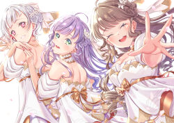 3girls :d ^_^ absurdres bare_shoulders blush breasts brown_hair brown_ribbon cleavage closed_eyes commentary_request cowboy_shot dress drill_hair facing_viewer flower flower-shaped_hair fujishima_megumi grin hair_flower hair_intakes hair_ornament hand_on_another&#039;s_back highres iroenpitsu_xxx itsudemo_itsumademo_(love_live!) large_breasts link!_like!_love_live! long_hair looking_at_viewer looking_back love_live! low_drills median_furrow multicolored_hair multiple_girls off-shoulder_dress off_shoulder official_alternate_costume official_alternate_hairstyle open_hand open_mouth otomune_kozue purple_hair red_hair ribbon short_hair shoulder_blades simple_background smile streaked_hair teeth underbust upper_teeth_only virtual_graduation_commemoration virtual_youtuber white_background white_dress white_flower white_hair yugiri_tsuzuri