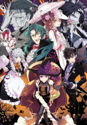 3girls 4boys alternate_costume angel_wings animal_costume animal_ear_fluff animal_ear_piercing animal_ears apron arm_belt ascot bandaged_head bandages bat_wings belt biting black_dress black_hair black_jacket blush bolt_(hardware) bow bowtie brown_eyes brown_hair castle chain chiemon_(fate) chikariya collared_vest colored_skin cosplay crimson_codex_(fate) cup dorothea_coyett dracula dracula_(cosplay) dress drinking_glass earrings elbow_gloves fangs fate/samurai_remnant fate_(series) flower frankenstein&#039;s_monster frankenstein&#039;s_monster_(cosplay) frilled_apron frilled_dress frilled_umbrella frills gloves green_eyes green_hair grey_hair grey_skin grey_vest hair_flower hair_ornament halloween halloween_costume hat highres jack-o&#039;-lantern jacket jewelry juliet_sleeves katana kishimen_hair leg_tattoo long_hair long_sleeves looking_at_viewer low_ponytail maid maid_headdress miyamoto_iori_(fate) monocle multiple_boys multiple_girls object_through_head one_eye_closed orange_bow orange_eyes ponytail puffy_sleeves purple_eyes red_bow red_lips scar scar_on_face screw_in_head sitting standing stitched_face stitches sweat sword tailcoat takao_dayu_(fate) tamamo_(fate) tamamo_aria_(fate) tattoo tsuchimikado_yasuhiro_(fate) turtleneck umbrella vampire_costume vest weapon werewolf werewolf_costume white_dress white_gloves white_hat wine_glass wings witch_hat wolf_costume wolf_ears yui_shousetsu_(fate) zheng_chenggong_(fate)
