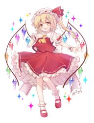1girl :d ascot blonde_hair bobby_socks bow collared_shirt commentary crystal fang flandre_scarlet frilled_shirt_collar frills full_body haruki_(colorful_macaron) hat hat_ribbon highres long_hair looking_at_viewer mob_cap open_mouth outstretched_arm puffy_short_sleeves puffy_sleeves red_bow red_eyes red_ribbon red_shoes red_skirt red_vest ribbon shirt shoes short_sleeves simple_background skirt smile socks solo sparkle sparkling_aura touhou vest white_background white_hat white_shirt white_socks wings wrist_cuffs yellow_ascot