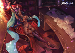 1girl absurdres animal_ears aqua_eyes black_gloves book bookshelf breasts chair commentary dark-skinned_female dark_skin english_commentary fate/grand_order fate_(series) fingerless_gloves forehead_jewel gloves head_chain highres indoors inkwell jackal_ears jewelry large_breasts long_hair navel one_eye_closed purple_hair queen_of_sheba_(fate) quill radishkek sitting solo table