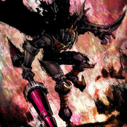 armor cape dark_knight darkknightmon digimon horns lance polearm solo weapon