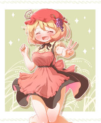 1girl ^_^ aki_minoriko apron arinu barefoot black_ribbon blonde_hair blouse blush bow closed_eyes commentary_request female_focus food food-themed_hair_ornament fruit full_body grape_hair_ornament grapes hair_ornament hat highres jumping mob_cap neck_ribbon open_mouth red_apron red_hat ribbon shirt short_hair skirt smile solo sparkle thighs touhou v yellow_shirt