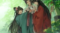111218422 1girl 2boys :d absurdres animal black_eyes black_hair black_hat black_nails blood blood_on_face blood_on_hands blue_ribbon chinese_clothes chinese_commentary coat dao_gui_yi_xian day dress eye_contact flower flying_sweatdrops folded_fan folding_fan green_dress green_eyes green_hanfu hair_between_eyes hair_bun hair_flower hair_ornament hair_ribbon hair_rings half_updo hand_fan hand_up hands_up hanfu hat hat_ribbon heterochromia highres holding holding_animal holding_fan holding_rabbit index_finger_raised jin_(headwear) leaf li_huowang li_sui_(princess_anping) light_particles long_hair long_sleeves looking_at_another monster_girl multiple_boys nail_polish nature open_mouth outdoors pillar pink_flower plant pointing pointing_at_self profile qixiong_ruqun rabbit red_coat red_eyes red_ribbon ribbon robe sidelocks smile standing sweatdrop tentacles tentacles_under_clothes tree updo upper_body very_long_hair white_coat white_hanfu wide_sleeves zhouzi_jin_(headwear) zhuge_yuan