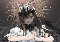 1girl absurdres amiya_(arknights) amiya_(demon_king)_(arknights) animal_ears arknights blue_eyes brown_hair commentary_request dress hair_over_one_eye highres long_hair looking_at_viewer rabbit_ears rabbit_girl short_sleeves solo upper_body welt_(kinsei_koutenkyoku) white_dress