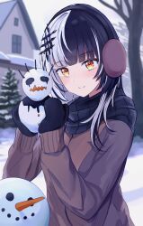 1girl absurdres alternate_costume black_hair black_mittens black_scarf brown_jacket closed_mouth commentary dot_nose earmuffs english_commentary grey_hair hair_ornament highres holding hololive hololive_english house jacket karu_(karusenpai) light_blush long_hair long_sleeves looking_at_viewer mittens multicolored_hair outdoors scarf shiori_novella smile snow snowman solo split-color_hair split_mouth tree two-tone_hair upper_body virtual_youtuber yellow_eyes yorick_(shiori_novella)