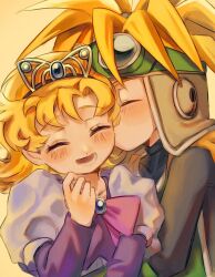 1980s_(style) 1boy 1girl black_bodysuit blonde_hair blush bodysuit brother_and_sister cape closed_eyes dragon_quest dragon_quest_ii dress facing_another goggles goggles_on_head goggles_on_headwear green_tabard hetero highres juliet_sleeves kiss kiss_day kissing_cheek long_sleeves medium_hair nogo_(nogo_059) oldschool open_mouth orange_cape prince prince_of_samantoria princess princess_of_samantoria puffy_sleeves siblings smile spiked_hair tabard tiara turtleneck turtleneck_bodysuit upper_body