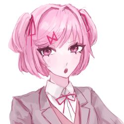 Rule 34 | 1girl, coat, collared shirt, doki doki literature club, doki doki literature club school uniform, grey coat, hair ornament, hair ribbon, hairclip, highres, looking at viewer, natsuki (doki doki literature club), neck ribbon, open mouth, pink eyes, pink hair, pink vest, ribbon, sanmanako, school uniform, shirt, short twintails, solo, sparkling eyes, swept bangs, teeth, twintails, upper body, upper teeth only, vest, white background, white shirt