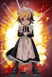 1boy amanogawa_ryuusei apron artist_name black_dress black_hair black_pantyhose black_shoes blonde_hair child closed_mouth collared_dress commentary crossdressing crossdressing_(mtf) crossed_arms dated dress explosion explosion_background frilled_apron frilled_dress frills hair_between_eyes hercules_beetle jinzou_konchuu_kabutoborg_vxv kuroda_(kuro_yyy) loafers long_dress looking_at_viewer maid_day maid_headdress male_focus pantyhose shadow shoes short_hair signature sleeve_cuffs smile solo symbol-only_commentary tomcat_red_beetle_(kabutoborg) toy toy_car white_apron