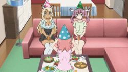 3girls alternate_legwear animal_ears animated animated_gif aqua_eyes blonde_hair blush breasts cat_ears cleavage dark-skinned_female dark_skin food fork ghost glasses green_eyes hair_ornament hairclip hat juice knife long_hair lowres mayo_chiki! medium_breasts multiple_girls narumi_nakuru party_hat pink_hair pizza purple_hair red_hair ribbon sakamachi_kureha salad scared small_breasts subtitled television the_grudge the_ring thighhighs twintails usami_masamune yamamura_sadako