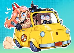 2girls antimatter_weapon artist_name black_gloves car chainsaw_man chibi crossover directed-energy_weapon energy_gun energy_weapon fang fiat_500 ghostbusters ghostbusters_uniform gloves hair_between_eyes higashiyama_kobeni horns motor_vehicle multiple_girls open_mouth particle-beam_weapon particle_thrower power_(chainsaw_man) proton_pack roy95 simple_background smile teeth tongue twitter_username vehicle_focus weapon yellow_car