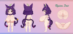 1girl :d a-pose absurdres ahoge animal_ear_fluff animal_ears anus arm_up arms_at_sides ass backboob bell bob_cut bow braid braided_ponytail breasts cat_ears cat_girl cat_hair_ornament cat_tail character_name character_profile crotch curly_hair ear_ornament ears english_text eyelashes fang food-themed_hair_ornament from_behind from_side fruit_hair_ornament full_body gluteal_fold gradient_background green_eyes green_hair green_pupils groin hair_bow hair_ornament hairband hairpin heart heart_hair_ornament highres hikimayu huge_breasts large_areolae large_nipples loli long_hair looking_at_viewer maroon_eyes multicolored_eyes multicolored_hair multiple_views navel nekomata nipples nude open_mouth oppai_loli original outstretched_arm parted_bangs paw_hair_ornament pigeon-toed pink_background purple_background purple_hair pussy red_pupils reference_sheet shiny_skin simple_background single_braid skin_fang slit_pupils smile spread_legs standing star_(symbol) star_hair_ornament sticker_on_hair sweat tail tail_bell tail_bow tail_ornament thick_eyebrows thigh_gap two-tone_eyes two-tone_hair uncensored wavy_hair wide_hips yuu_(yuubakunyu) yuuchibichichi