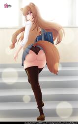 1girl animal_ear_fluff animal_ears artist_name ass black_panties black_thighhighs blue_bag blue_eyes blue_skirt bluesky_username boots breasts brown_boots brown_hair cloud_dg commentary deviantart_username english_commentary from_behind full_body hair_tubes indoors large_breasts loafers long_hair looking_at_viewer looking_back miniskirt newgrounds_username non-web_source on_stairs open_mouth panties pantyshot pleated_skirt raccoon_ears raccoon_girl raccoon_tail raphtalia red_eyes shirt shoes signature skindentation skirt sleeveless sleeveless_sweater solo sweater tail tate_no_yuusha_no_nariagari thighhighs three-quarter_sleeves twitter_username underwear walking white_shirt yellow_sweater