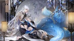 1boy 1girl animal_ear_fluff animal_ears bare_shoulders belt black_hair black_pants black_shirt black_thighhighs blue_flower blue_ribbon blue_tail bracer breasts character_request chinese_commentary cleavage closed_eyes closed_mouth cloud cloudy_sky commentary_request dagger dress expressionless eyelashes falling_petals feet_out_of_frame fingernails flower fox_ears fox_girl fox_tail full_body hair_flower hair_ornament hair_ribbon halter_shirt halterneck hand_on_own_chest hetero knife lantern lap_pillow large_tail light_particles lipstick long_hair long_sleeves makeup masterwork_apocalypse multiple_tails off-shoulder_dress off_shoulder pants paper_lantern pectorals petals red_lips ribbon robe robe_partially_removed round_window sheath sheathed shirt short_dress shoulder_tattoo sidelocks sidepec single_bare_shoulder sky tail tattoo thigh_belt thigh_sheath thigh_strap thighhighs tree very_long_hair weapon white_dress white_hair white_robe wide_sleeves window ye_dian_pikaqiu yingning_(masterwork_apocalypse)