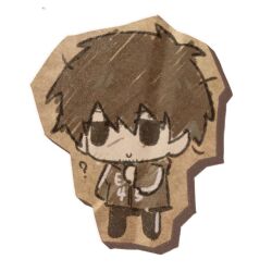1boy ? afraid_of_monsters black_eyes brown_hair brown_hoodie cardboard_cutout chibi chibi_only david_leatherhoff facial_hair full_body goatee_stubble hand_on_own_chest hood hoodie male_focus messy_hair print_hoodie scar scar_on_face short_hair smile solo standing stubble wu_gusa1ntzzz