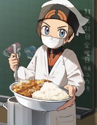 Rule 34 | 1boy, :d, absurdres, beanie, blush, bowl, brendan (pokemon), brown hair, chalkboard, classroom, coat, commentary request, curry, curry rice, food, gen 3 pokemon, grey eyes, groudon, hat, highres, holding, holding bowl, holding ladle, indoors, kyogre, ladle, legendary pokemon, looking at viewer, male focus, mask, mouth mask, nameko uu, nintendo, open mouth, pokemon, pokemon oras, rice, short hair, smile, solo, sparkle, white coat, white hat, zipper pull tab