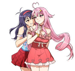 2girls ahoge antenna_hair bamboo9545 black_hair commission commissioner_upload curtained_hair detached_sleeves dress eye_contact frills grabbing_another&#039;s_arm hairband highres index_finger_raised lilim_(sakura_cupid) looking_at_another mitsuki_(sakura_cupid) multiple_girls non-web_source off_shoulder pink_eyes pink_hair plaid_clothes plaid_skirt red_hairband sakura_cupid skirt smile yellow_eyes yuri